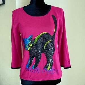 RARE Michael Simon Sequin Cat Pullover Sweater